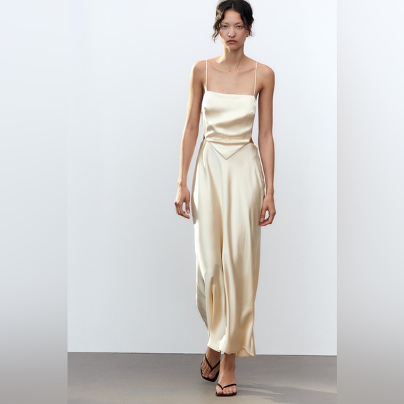 Zara Dresses & Skirts - Zara champagne Maxi Dress with Spaghetti Straps and open back